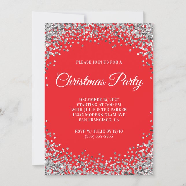 Silver Glitter Border Red Christmas Party Invitation (Front)