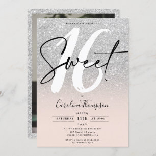 Silver glitter border script photo Sweet 16 Invitation