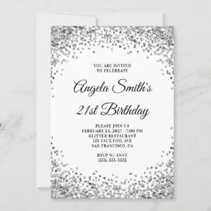 Silver Glitter Border White 21st Birthday Invitation