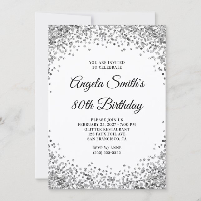 Silver Glitter Border White 80th Birthday Invitation (Front)