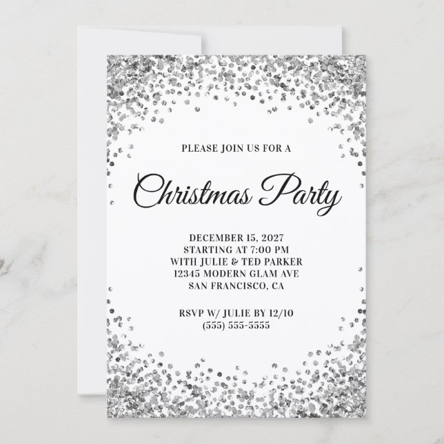 Silver Glitter Border White Christmas Party Invitation (Front)