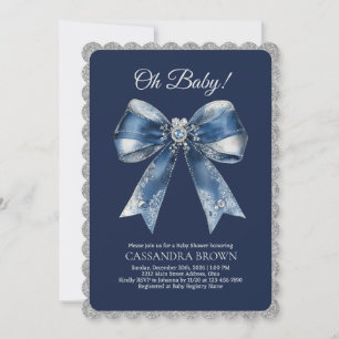 Silver Glitter Border XL Bow Christmas Baby Shower Invitation