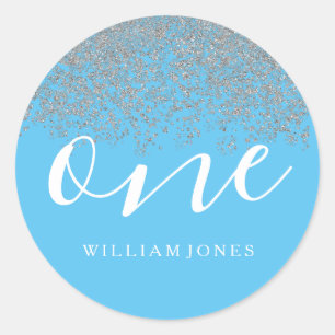 Silver Glitter Boys Blue 1st birthday party Classic Round Sticker