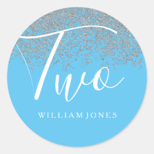 Silver Glitter Boys Blue 2nd birthday party Classic Round Sticker