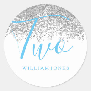 Silver Glitter Boys White Blue 2nd birthday Classic Round Sticker
