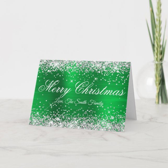 Silver Glitter Bright Green Foil Merry Christmas Card (Front)