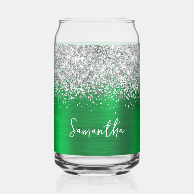 Silver Glitter Bright Green Glam Name Can Glass (Front)
