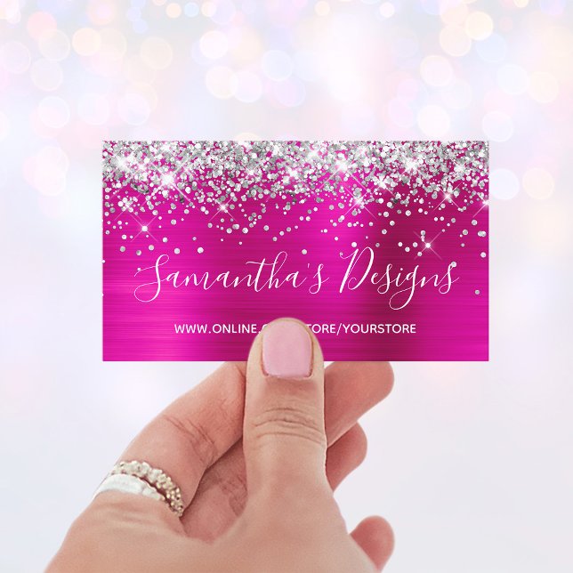 Silver Glitter Bright Hot Pink Foil Online Store Business Card (Faux Glittery Business Cards)