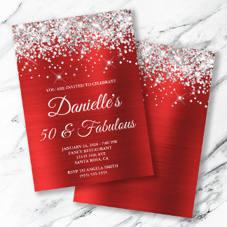 Silver Glitter Bright Red Foil 50 and Fabulous Invitation