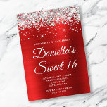 Silver Glitter Bright Red Foil Sweet 16 Invitation<br><div class="desc">Create your own stylish 16th birthday celebration invitation for your daughter. Decorative faux sparkly silver glitter graphics form a top border. The background digital art features a shiny bright red ombre style brushed metal foil. Customise the invitation white text colour or font styles. The "Sweet 16" text is also customisable....</div>