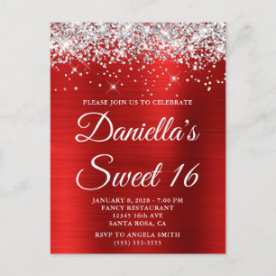 Silver Glitter Bright Red Foil Sweet 16 Invitation Postcard