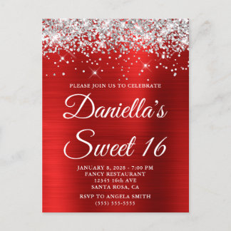 Silver Glitter Bright Red Foil Sweet 16 Invitation Postcard
