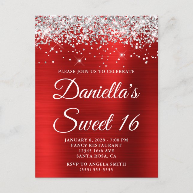 Silver Glitter Bright Red Foil Sweet 16 Invitation Postcard (Front)