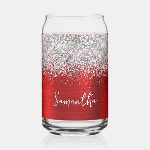Silver Glitter Bright Red Glam Name Can Glass