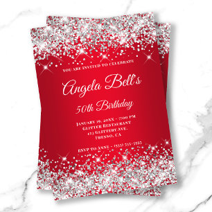 Silver Glitter Bright Red Ombre Fancy Monogram Invitation