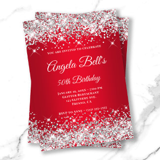 Silver Glitter Bright Red Ombre Fancy Monogram Invitation