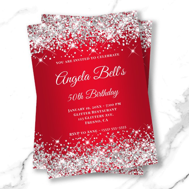 Silver Glitter Bright Red Ombre Fancy Monogram Invitation (Silver Glitter Bright Red Ombre Fancy Monogram Invitation)