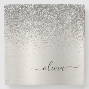 Silver Glitter Brushed Girly Monogram Name Stone Coaster