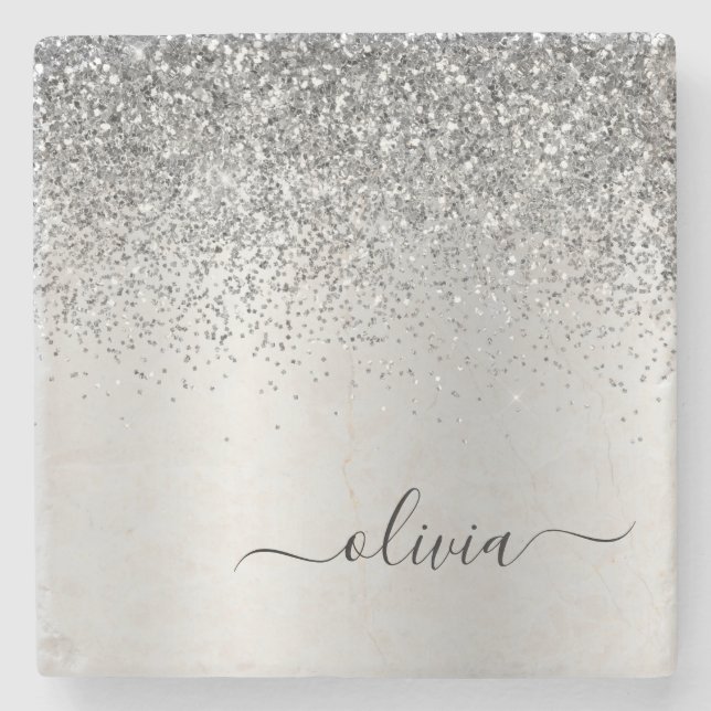 Silver Glitter Brushed Girly Monogram Name Stone Coaster (Front)