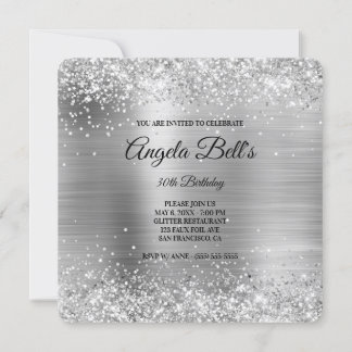 Silver Glitter Brushed Metal Fancy Monogram Invitation