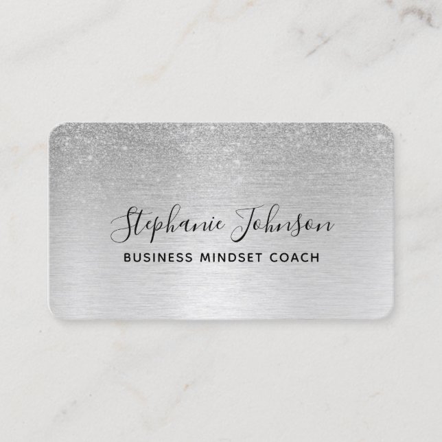 Silver Glitter Brushed Metal Luxe Business Card (Front)