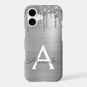 Silver Glitter Brushed Metal Monogram Name