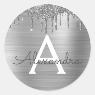 Silver Glitter Brushed Metal Monogram Name Classic Round Sticker