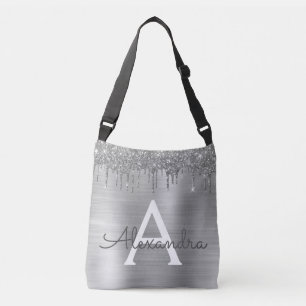 Silver Glitter Brushed Metal Monogram Name Crossbody Bag