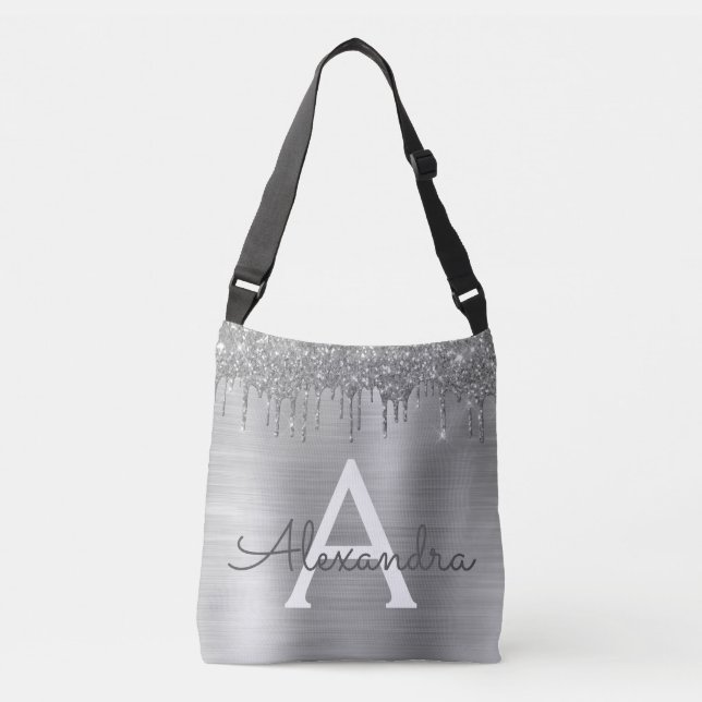 Silver Glitter Brushed Metal Monogram Name Crossbody Bag (Front)