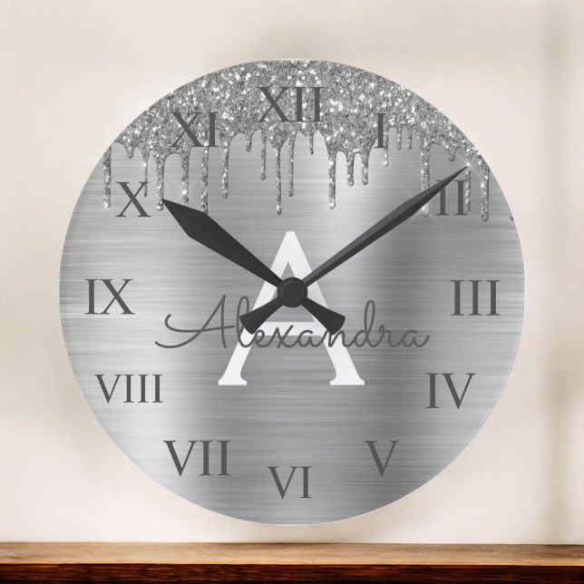 Silver Glitter Brushed Metal Monogram Name Large Clock (Creator Uploaded)