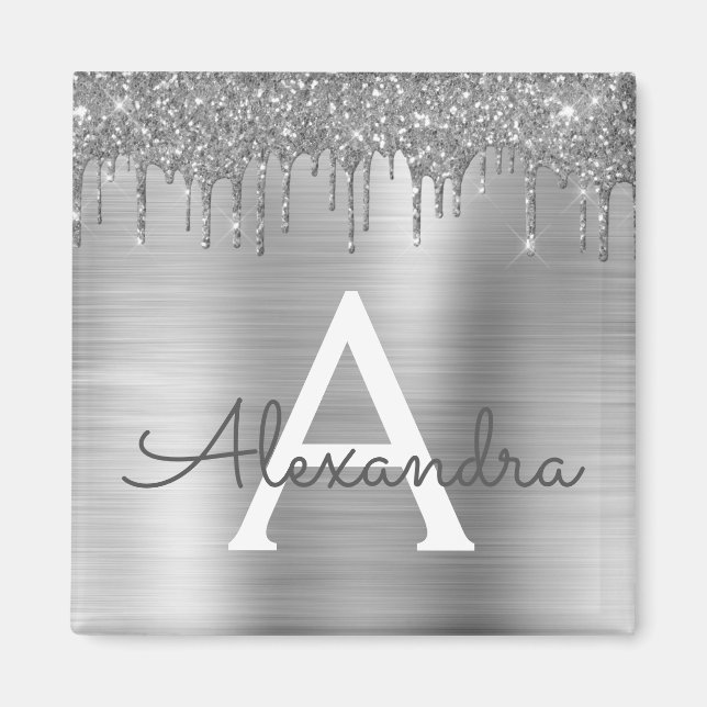 Silver Glitter Brushed Metal Monogram Name Magnet (Front)