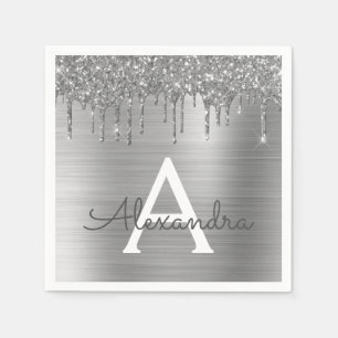 Silver Glitter Brushed Metal Monogram Name Napkin