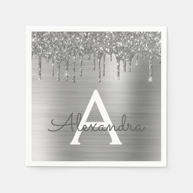 Silver Glitter Brushed Metal Monogram Name Napkin (Front)