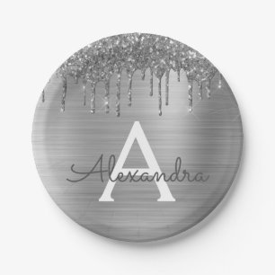 Silver Glitter Brushed Metal Monogram Name Paper Plate