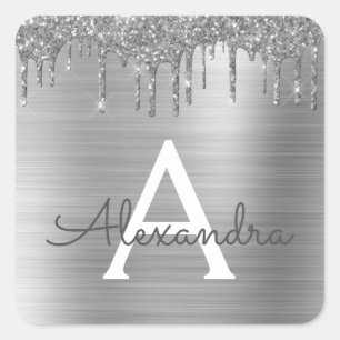 Silver Glitter Brushed Metal Monogram Name Square Sticker