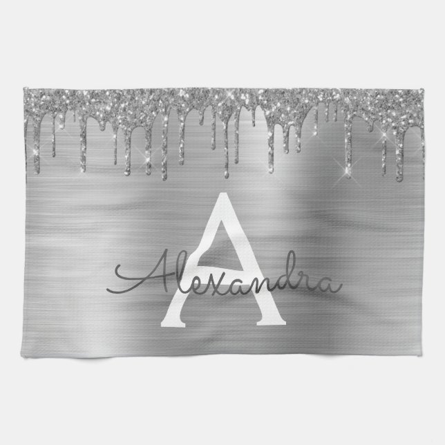 Silver Glitter Brushed Metal Monogram Name Tea Towel (Horizontal)