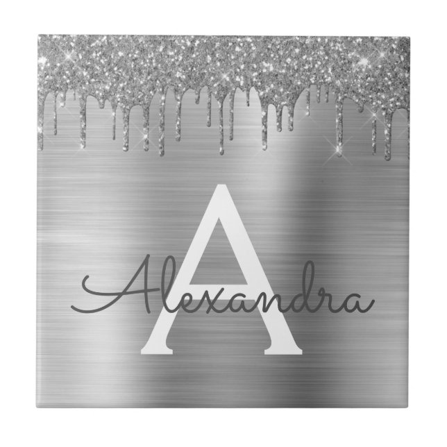 Silver Glitter Brushed Metal Monogram Name Tile (Front)