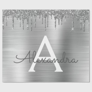 Silver Glitter Brushed Metal Monogram Name Wrapping Paper