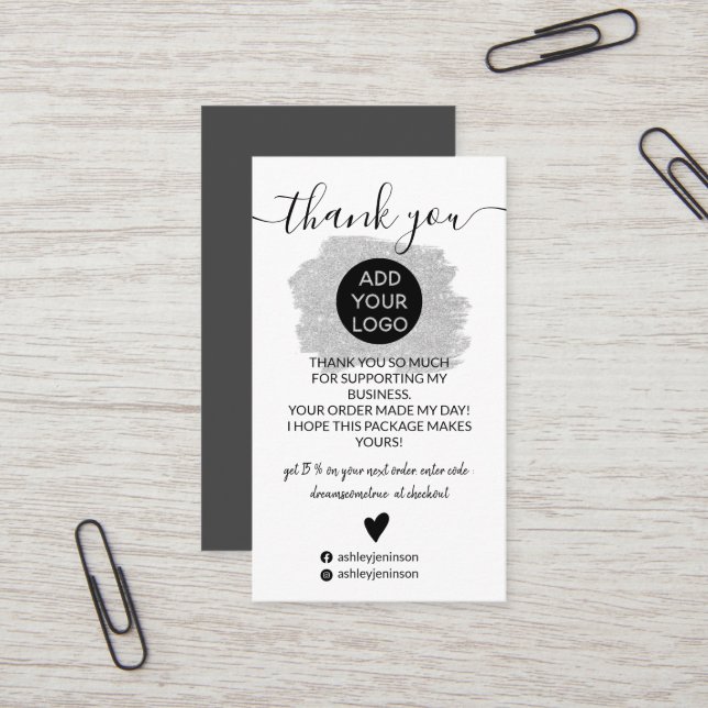Silver glitter brushstroke logo order thank you business card (Front/Back In Situ)