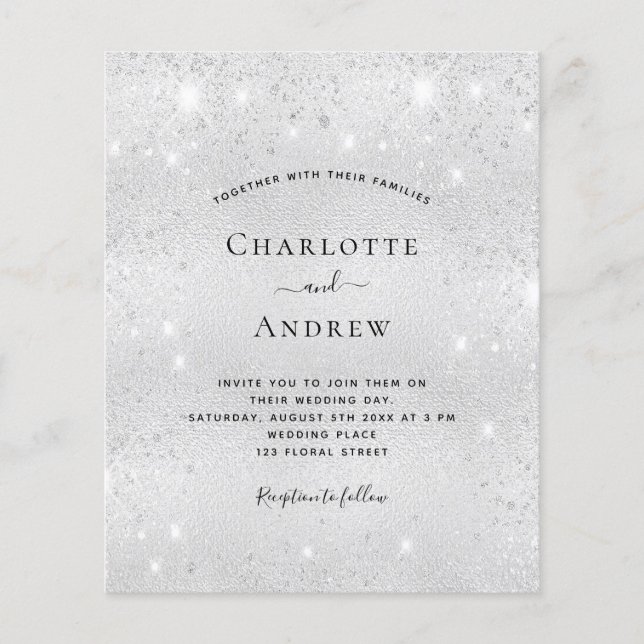 Silver glitter budget wedding invitation RSVP Flyer (Front)