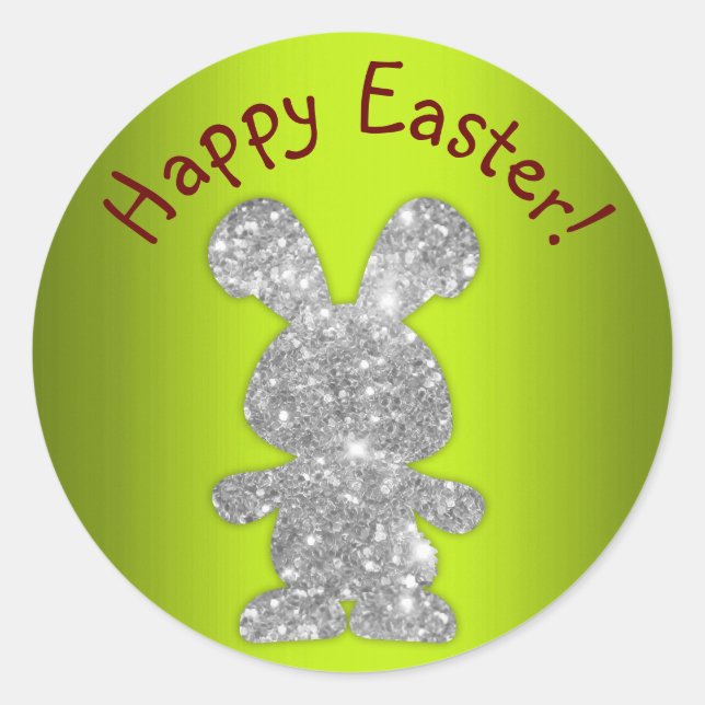 Silver Glitter Bunny Happy Easter Classic Round Sticker (Front)