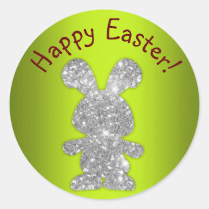 Silver Glitter Bunny Happy Easter Classic Round Sticker