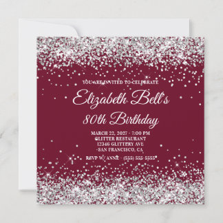 Silver Glitter Burgundy 80th Birthday Invitation