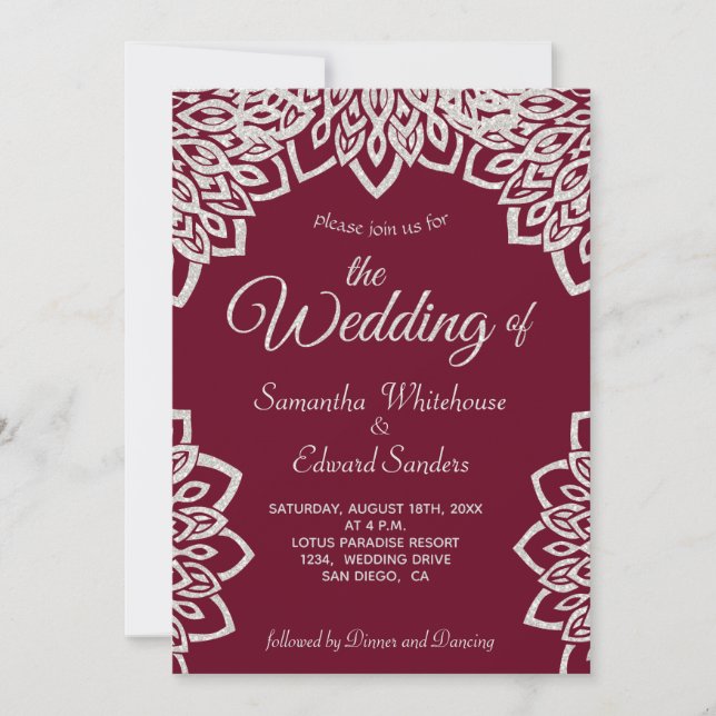 Silver Glitter Burgundy Elegant Wedding Invitation (Front)