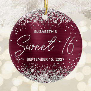Silver Glitter Burgundy Foil Fancy Sweet 16 Photo Ceramic Tree Decoration
