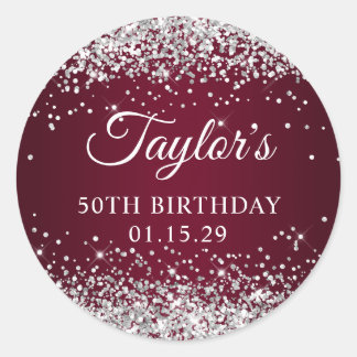 Silver Glitter Burgundy Ombre 50th Birthday Classic Round Sticker
