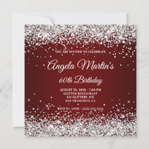 Silver Glitter Burgundy Ombre 60th Birthday Invitation