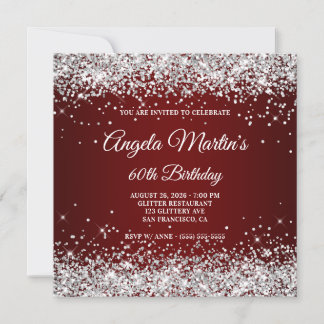Silver Glitter Burgundy Ombre 60th Birthday Invitation