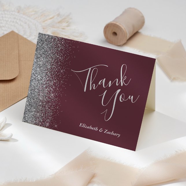 Silver Glitter Burgundy Wedding Thank You Card (Creator Uploaded)