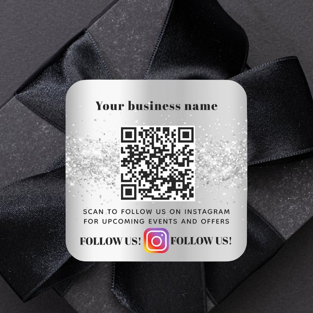 Silver glitter business QR code Instagram  Square Sticker (Creator Uploaded)